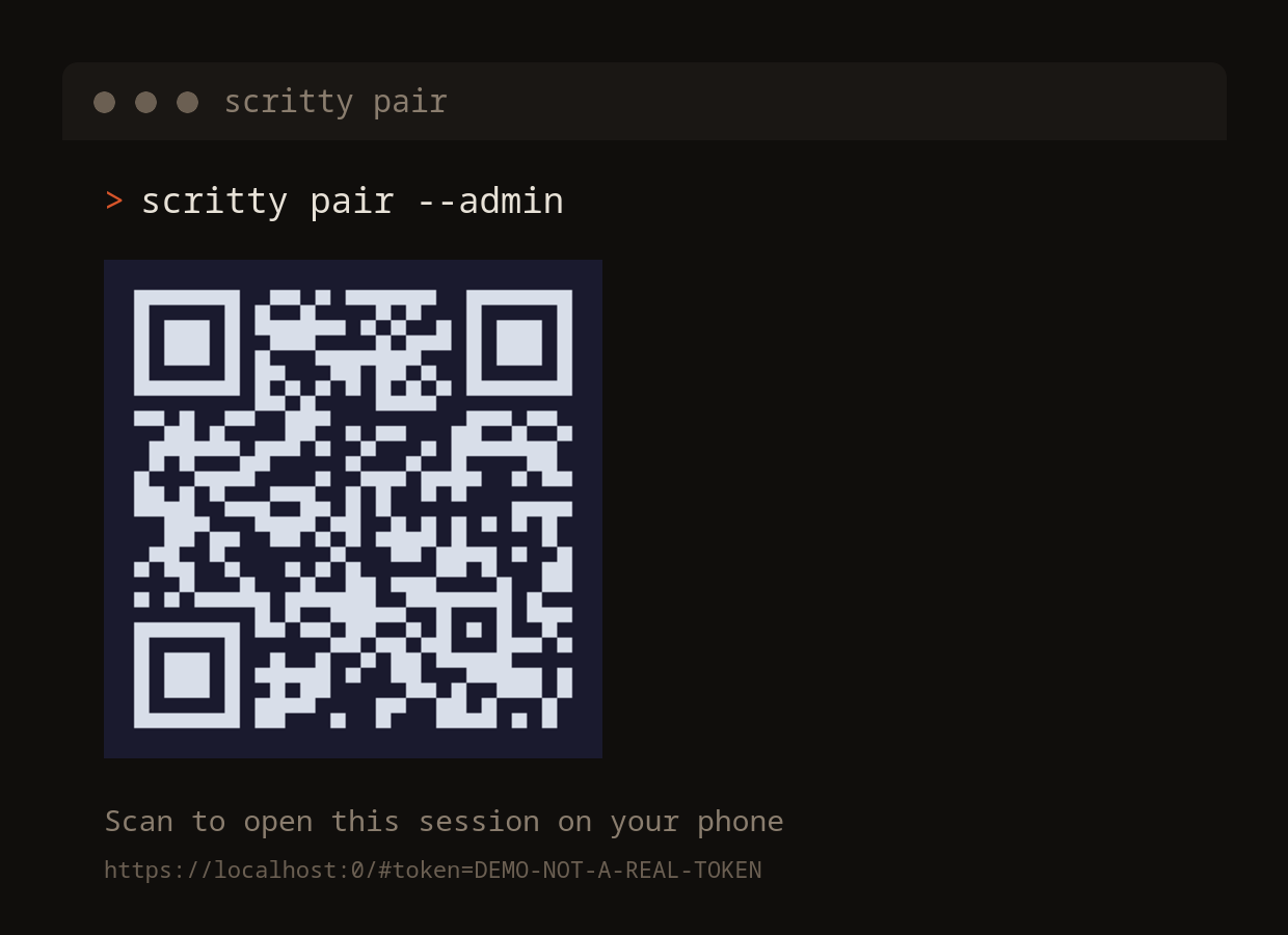 scritty pair --admin printing a QR code and a https pairing URL with a #token fragment, ready to scan from a phone