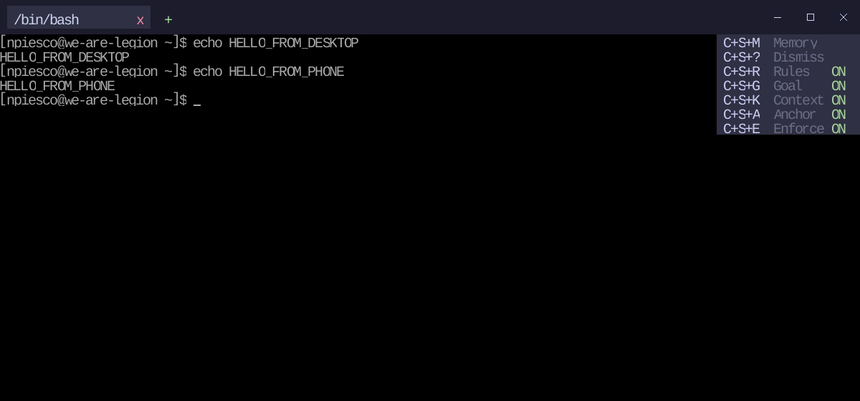 scritty desktop terminal showing a session that echoes HELLO_FROM_DESKTOP then HELLO_FROM_PHONE