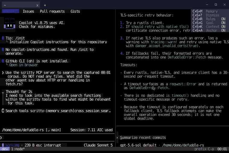 A split tmux window inside scritty. Copilot in the left pane calls cross_session_search on the scritty MCP server and replies 'Found it -- an earlier Codex agent's analysis of src/fetch.rs', quoting error_for_status, format_reqwest_error and DefuddleError::Fetch. The right pane shows the Codex session that produced it.